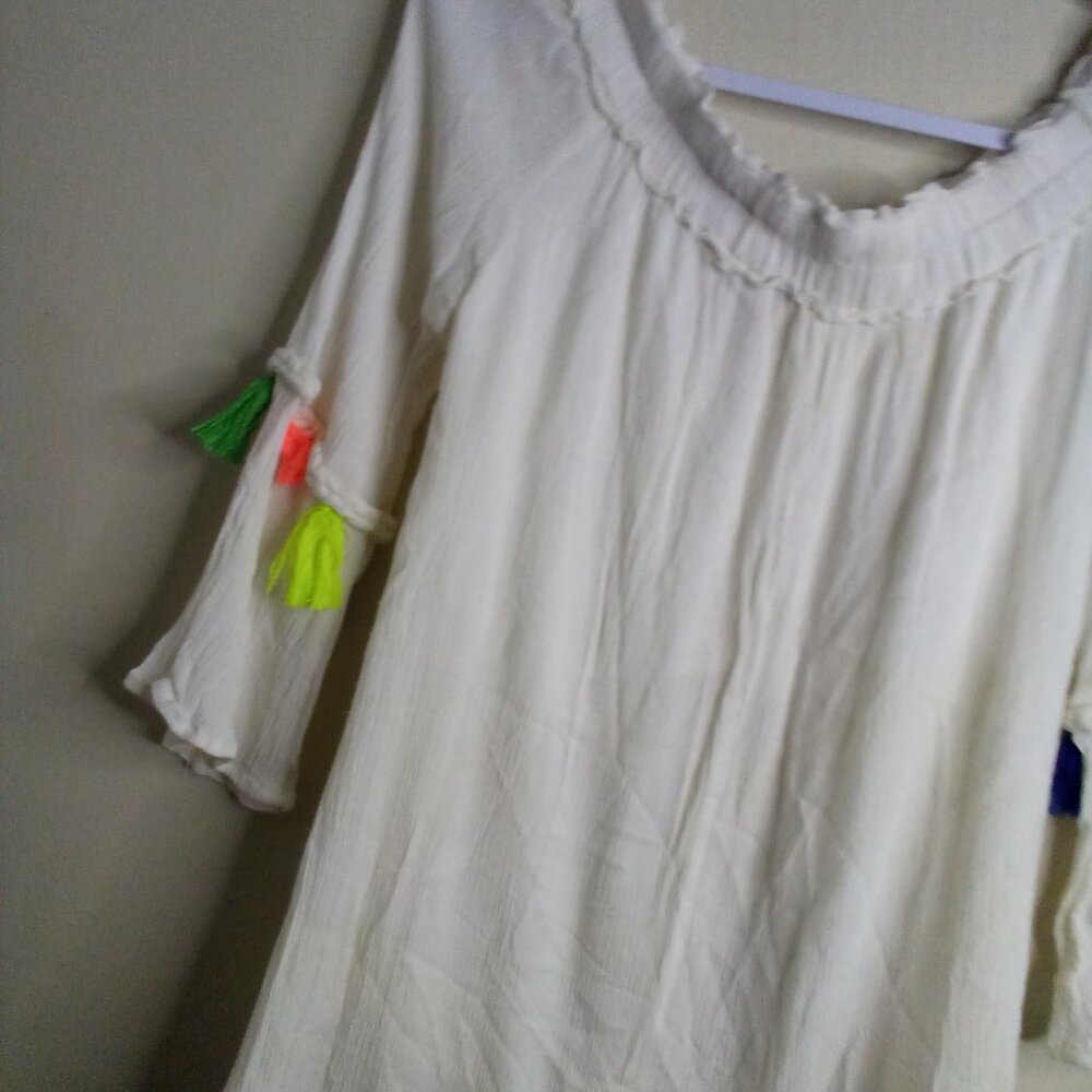 True Destiny Dress Women M Short Boho Feminine Colorful Tassels Cream - Picture 14 of 16